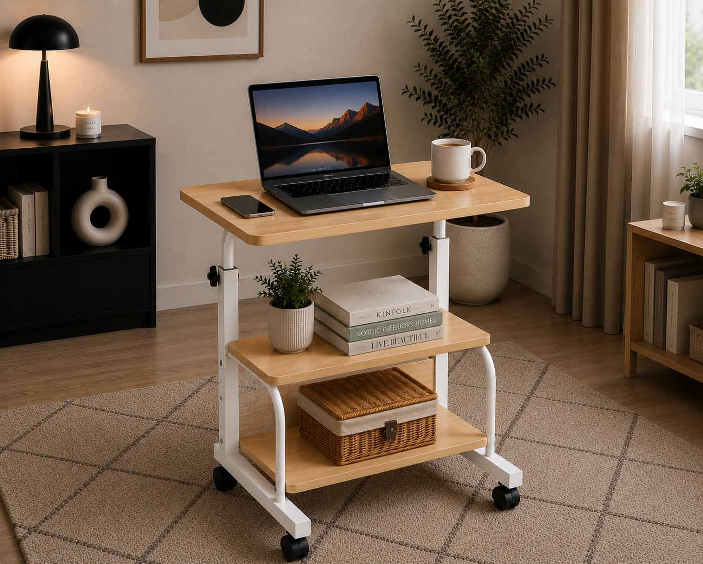 Double Layer Adjustable Table Wood With White Stand